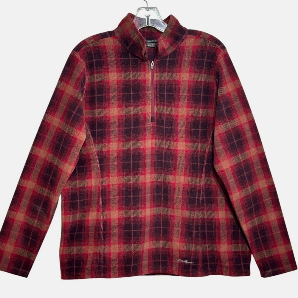 Eddie Bauer Fleece Pullover Womens Red Plaid 1/4 Zip Hiking Camping Fall Warm XL